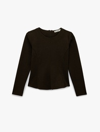 Nervürlü Fermuarlı Uzun Kollu Bisiklet Yaka Peplum Tişört