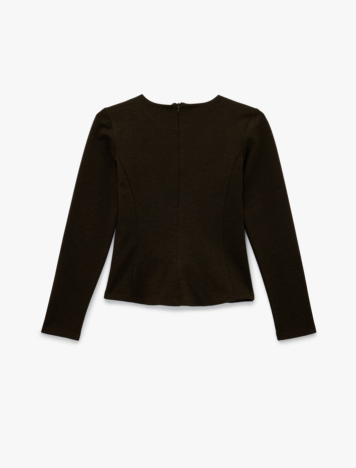  Nervürlü Fermuarlı Uzun Kollu Bisiklet Yaka Peplum Tişört