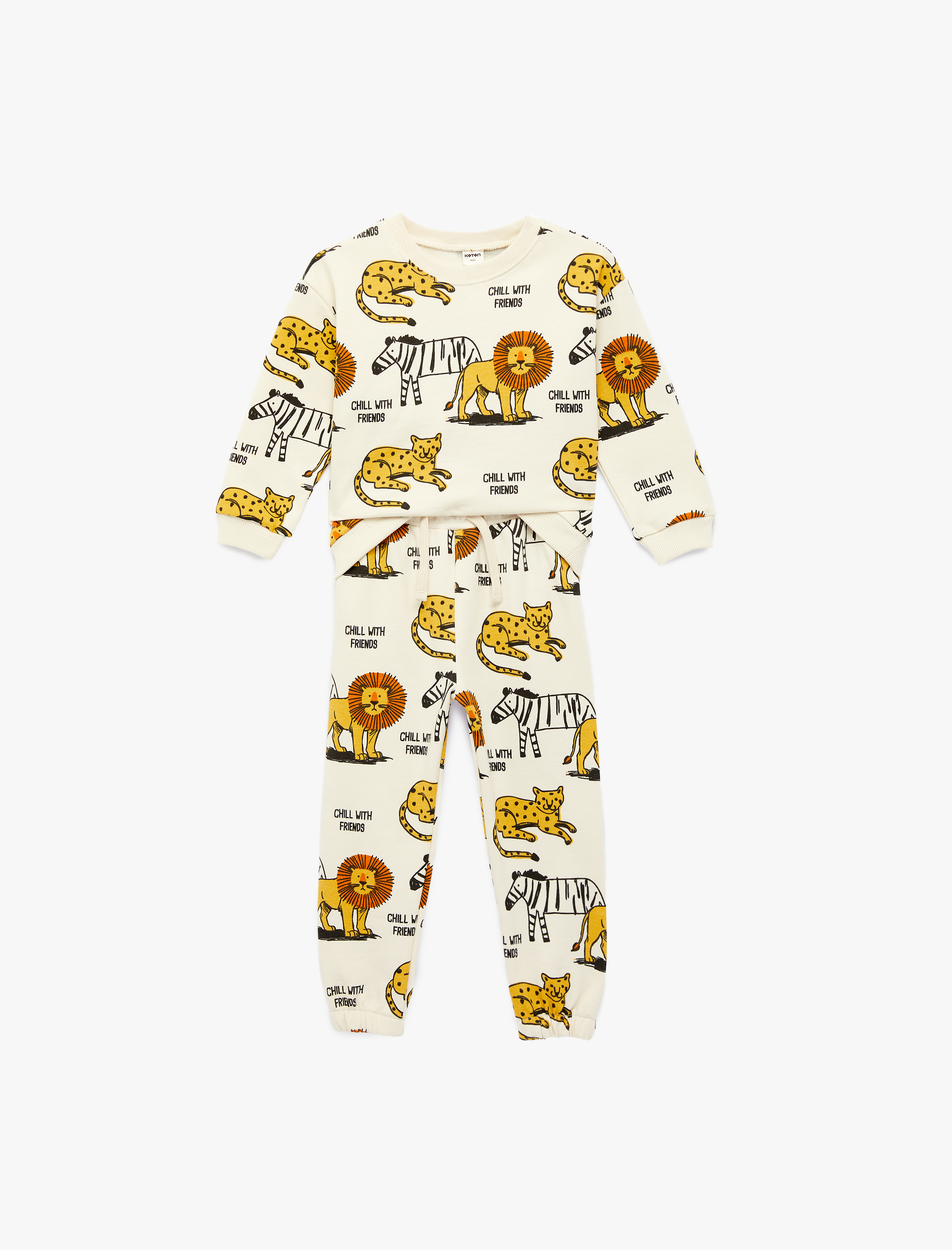  Erkek Bebek Şardonlu Bisiklet Yaka Uzun Kollu Pamuklu Hayvanlar Baskılı Eşofman Takımı -  2'li Set