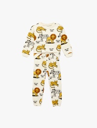 Şardonlu Bisiklet Yaka Uzun Kollu Pamuklu Hayvanlar Baskılı Eşofman Takımı -  2'li Set