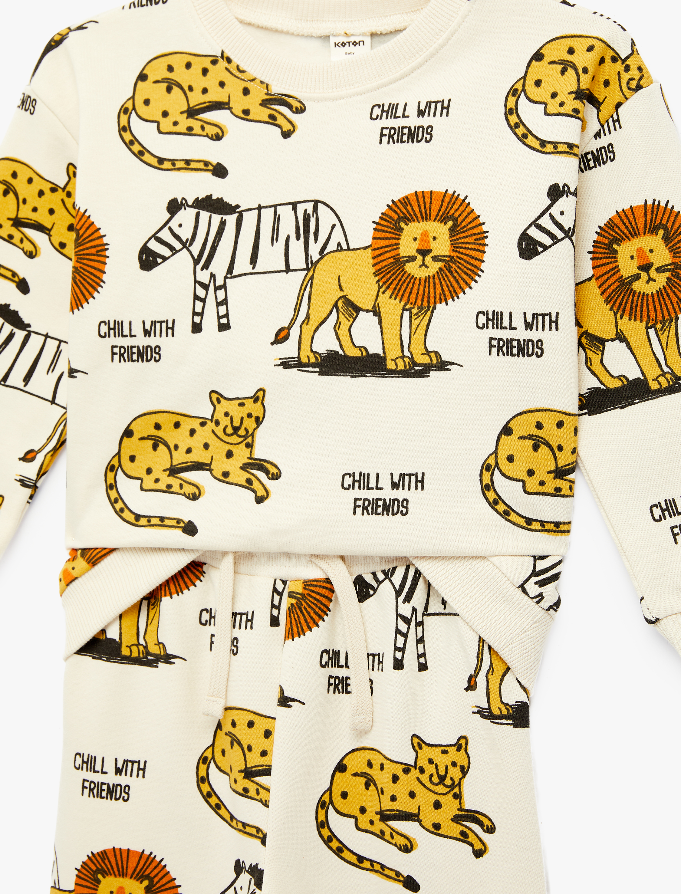  Erkek Bebek Şardonlu Bisiklet Yaka Uzun Kollu Pamuklu Hayvanlar Baskılı Eşofman Takımı -  2'li Set