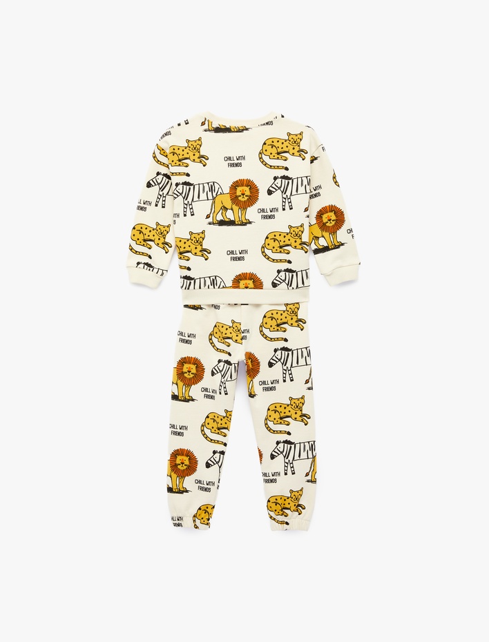 Erkek Bebek Şardonlu Bisiklet Yaka Uzun Kollu Pamuklu Hayvanlar Baskılı Eşofman Takımı -  2'li Set