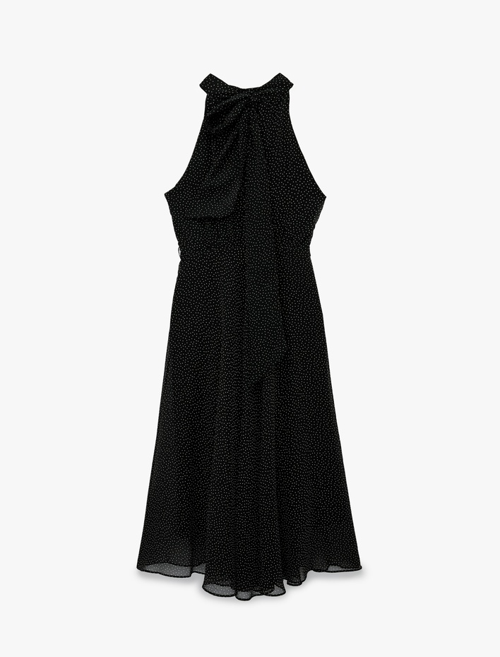  Midi Boy Puantiyeli Halter Yaka Şifon Elbise