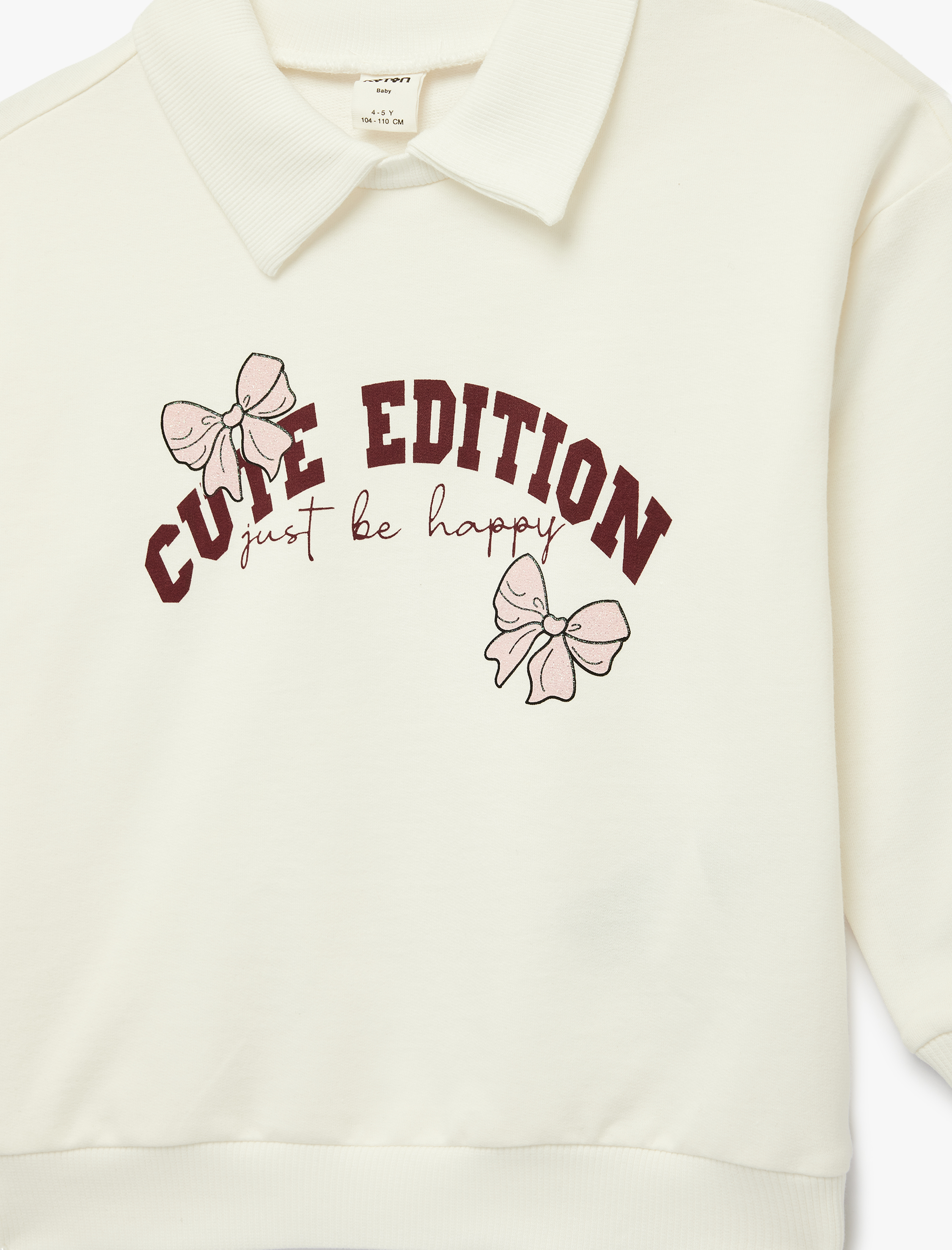  Kız Bebek Pamuklu Fiyonk Baskılı Şardonlu Uzun Kollu Polo Yaka Sweatshirt