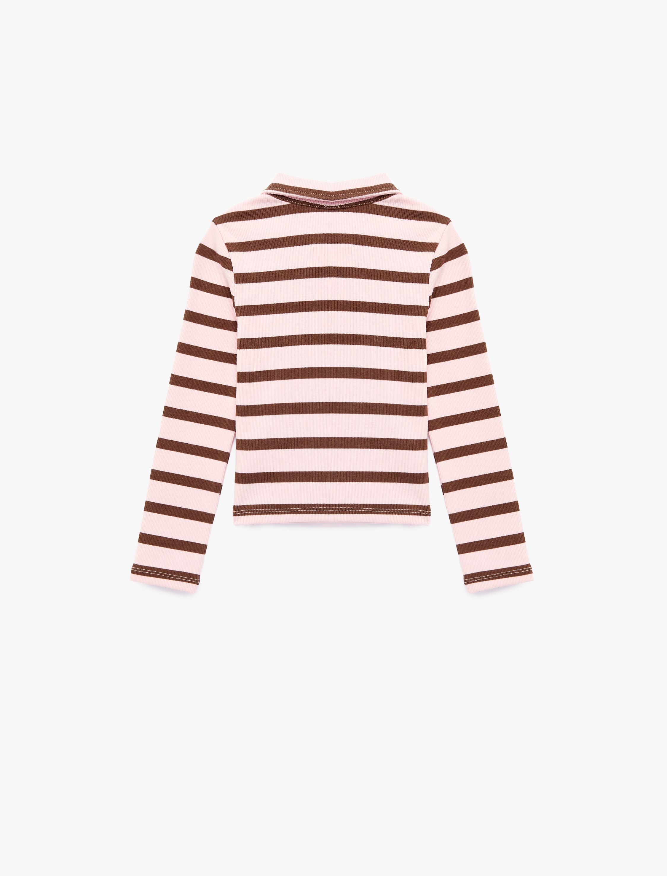  Kız Çocuk Pamuklu Yarım Fermuarlı Uzun Kollu Çizgili Polo Yaka Tişört