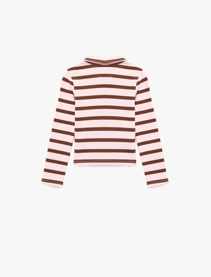 Kız Çocuk Pamuklu Yarım Fermuarlı Uzun Kollu Çizgili Polo Yaka Tişört