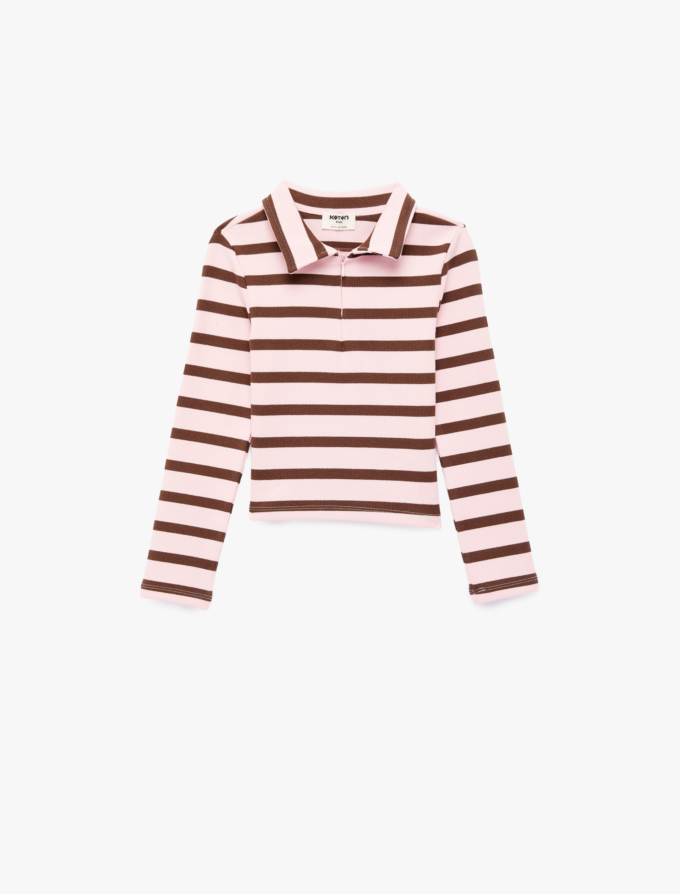  Kız Çocuk Pamuklu Yarım Fermuarlı Uzun Kollu Çizgili Polo Yaka Tişört