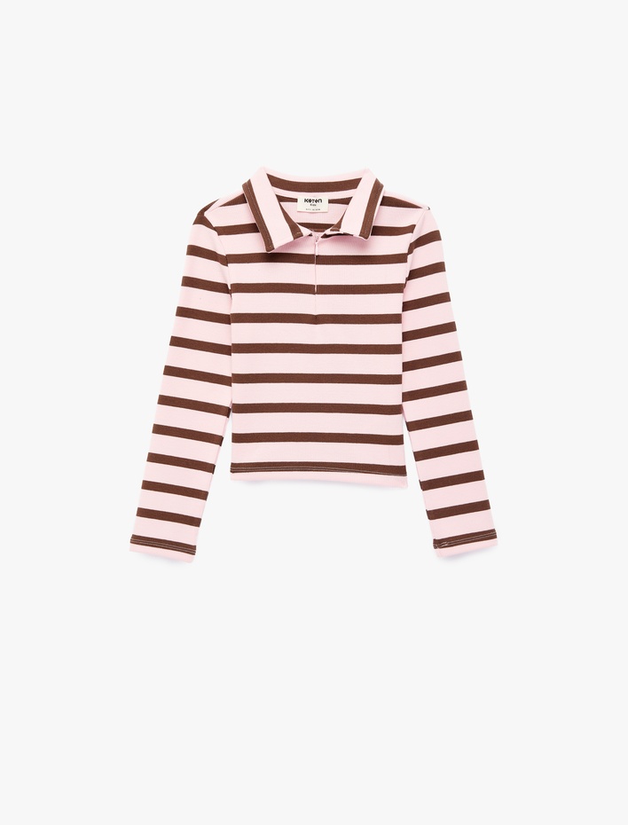 Kız Çocuk Pamuklu Yarım Fermuarlı Uzun Kollu Çizgili Polo Yaka Tişört