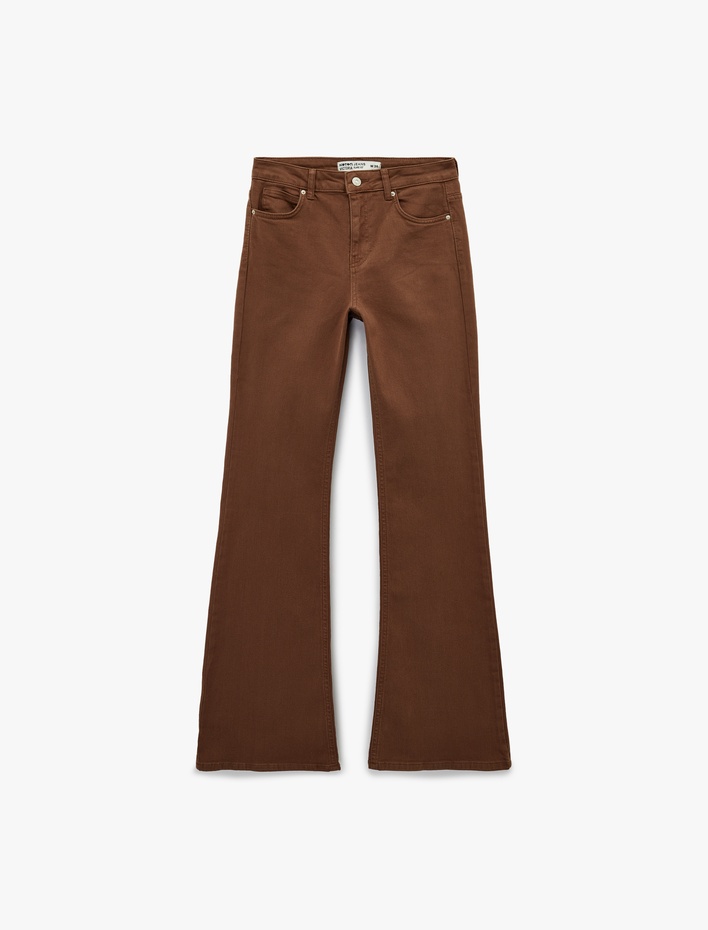  Yüksek Bel Slim Fit Cepli Düğmeli Pamuklu İspanyol Paça Denim Pantolon - Flare Jeans