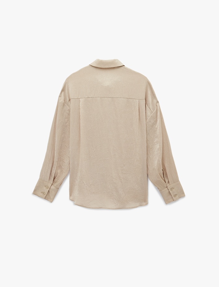  Rahat Kalıp Düğmeli Uzun Kollu Klasik Yaka Saten Gömlek