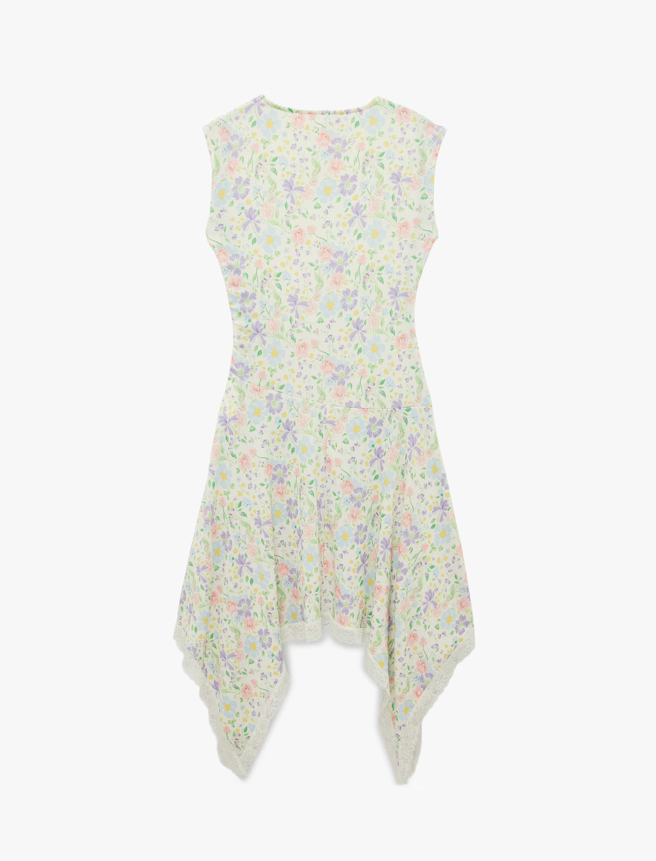   Kolsuz Dantel Detaylı Asimetrik Kesim Bisiklet Yaka Çiçekli Elbise