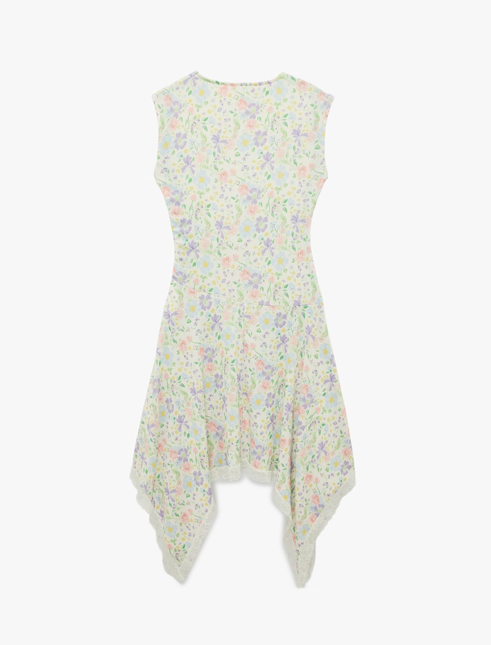  Kolsuz Dantel Detaylı Asimetrik Kesim Bisiklet Yaka Çiçekli Elbise