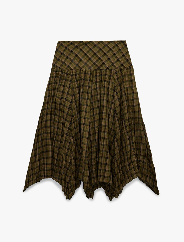  Standart Bel Asimetrik Kesim Midi Ekose Etek