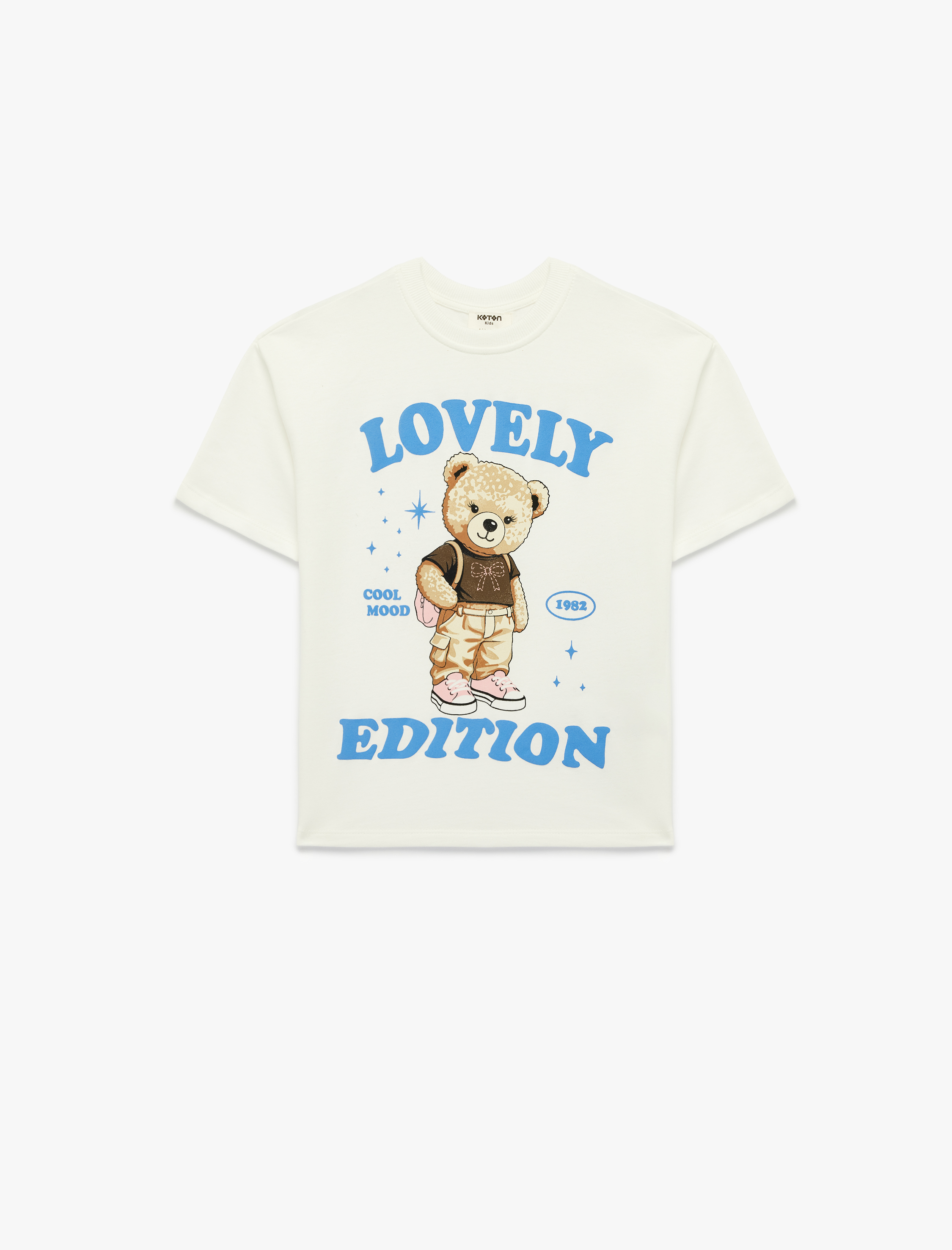  Kız Çocuk Pamuklu Ayıcık Baskılı Bisiklet Yaka Kısa Kollu Tişört