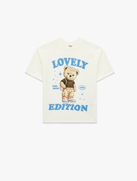 Pamuklu Ayıcık Baskılı Bisiklet Yaka Kısa Kollu Tişört