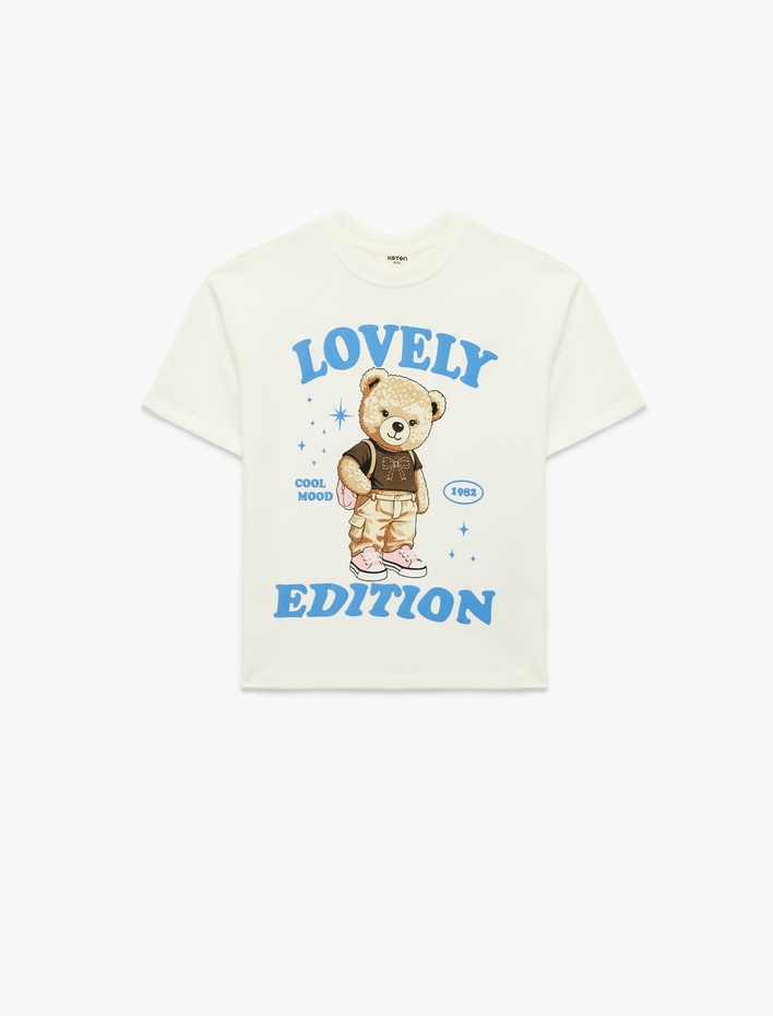 Kız Çocuk Pamuklu Ayıcık Baskılı Bisiklet Yaka Kısa Kollu Tişört