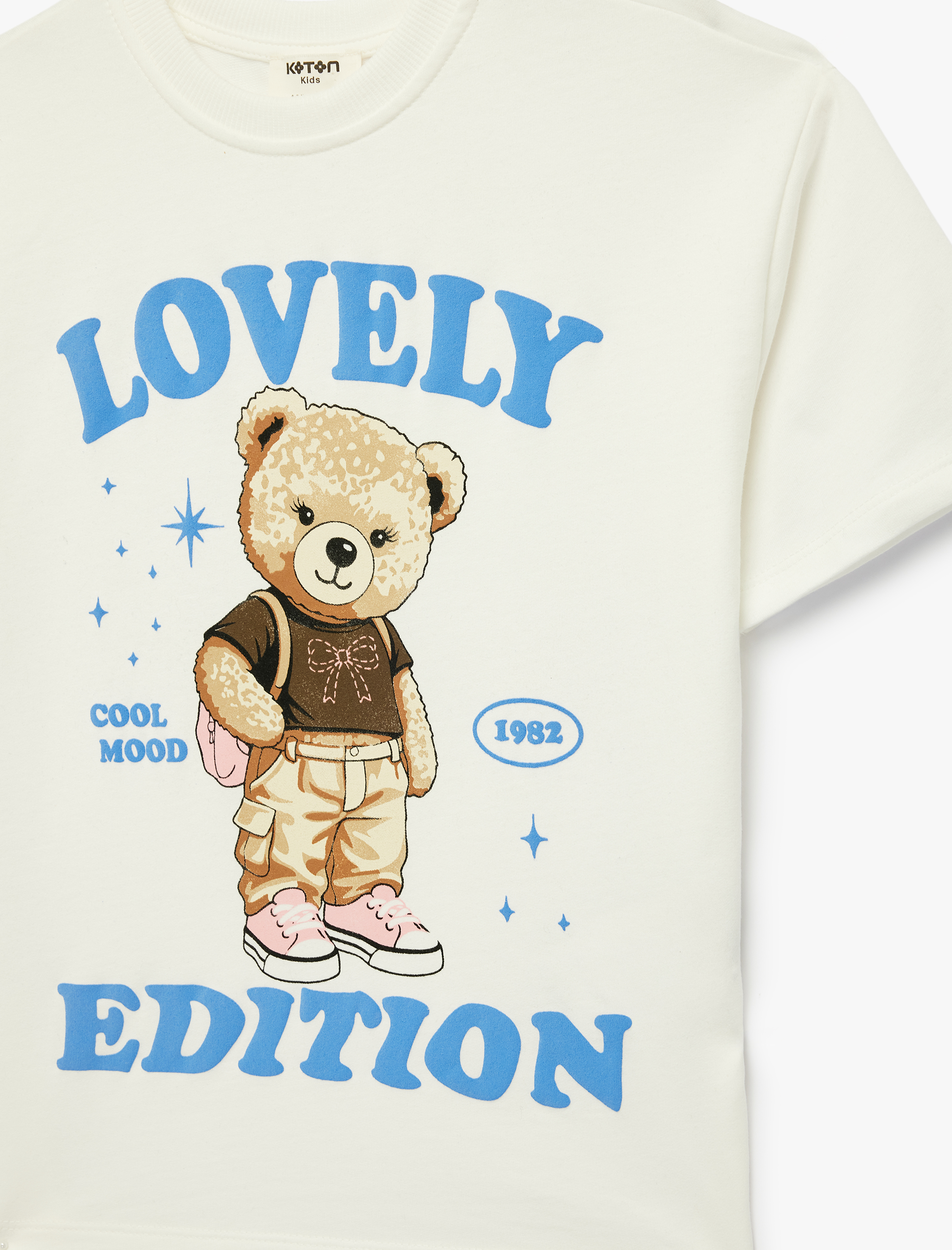  Kız Çocuk Pamuklu Ayıcık Baskılı Bisiklet Yaka Kısa Kollu Tişört