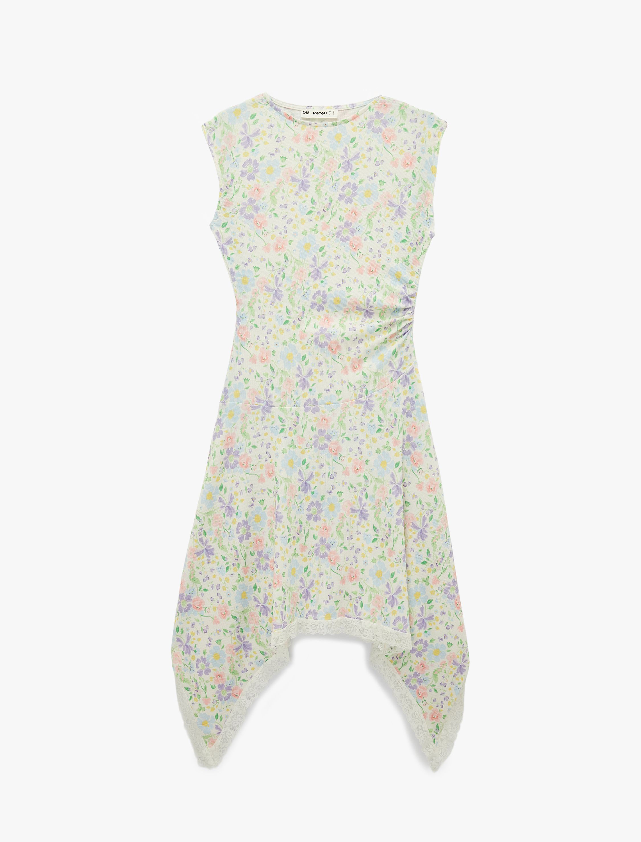   Kolsuz Dantel Detaylı Asimetrik Kesim Bisiklet Yaka Çiçekli Elbise