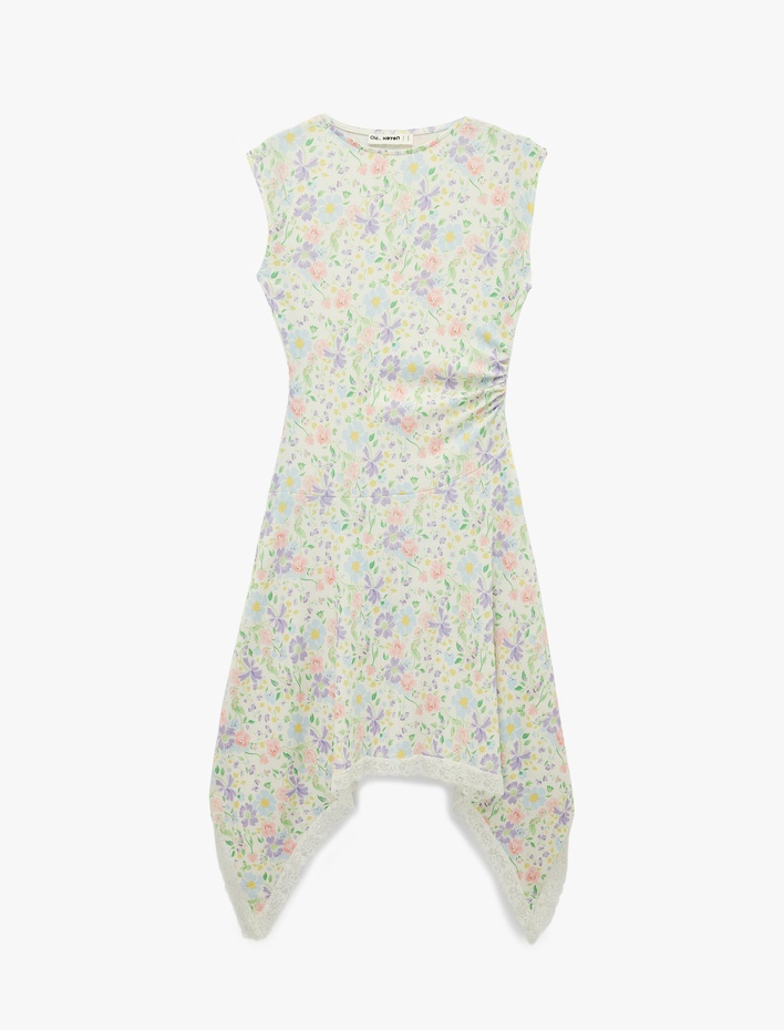  Kolsuz Dantel Detaylı Asimetrik Kesim Bisiklet Yaka Çiçekli Elbise