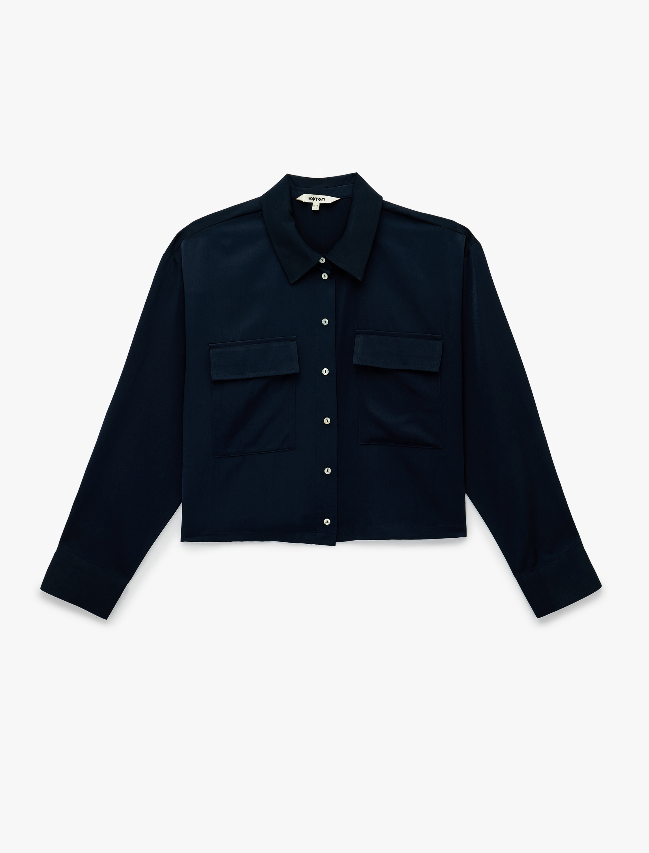   Regular Fit Uzun Kollu Kapaklı Cep Detaylı Saten Crop Gömlek