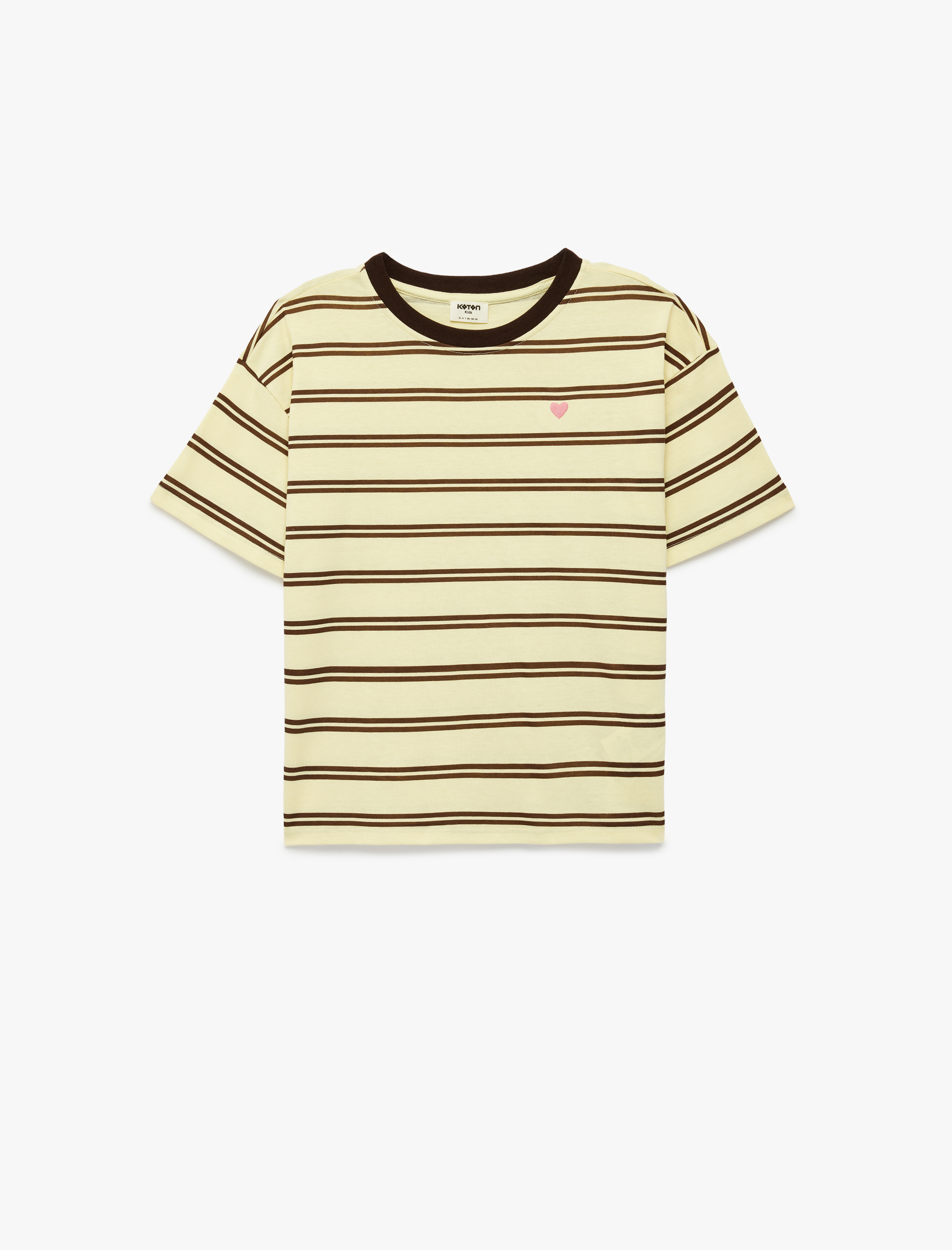 Kız Çocuk Pamuklu Kalp Detaylı Kısa Kollu Bisiklet Yaka Çizgili Tişört