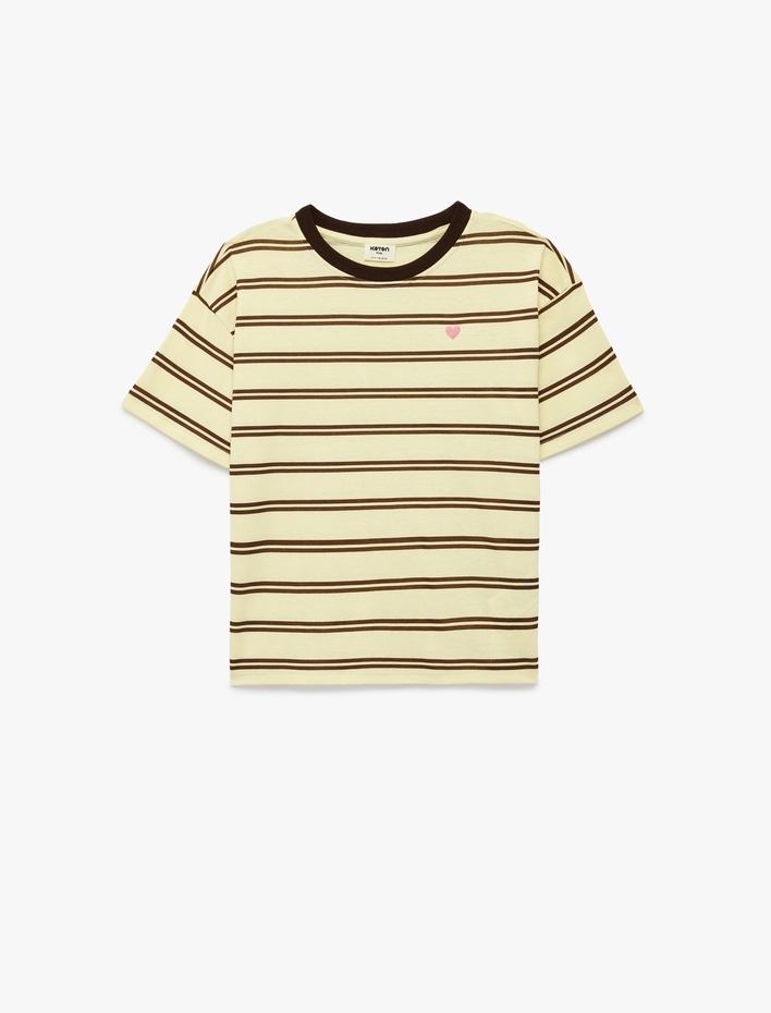 Kız Çocuk Pamuklu Kalp Detaylı Kısa Kollu Bisiklet Yaka Çizgili Tişört