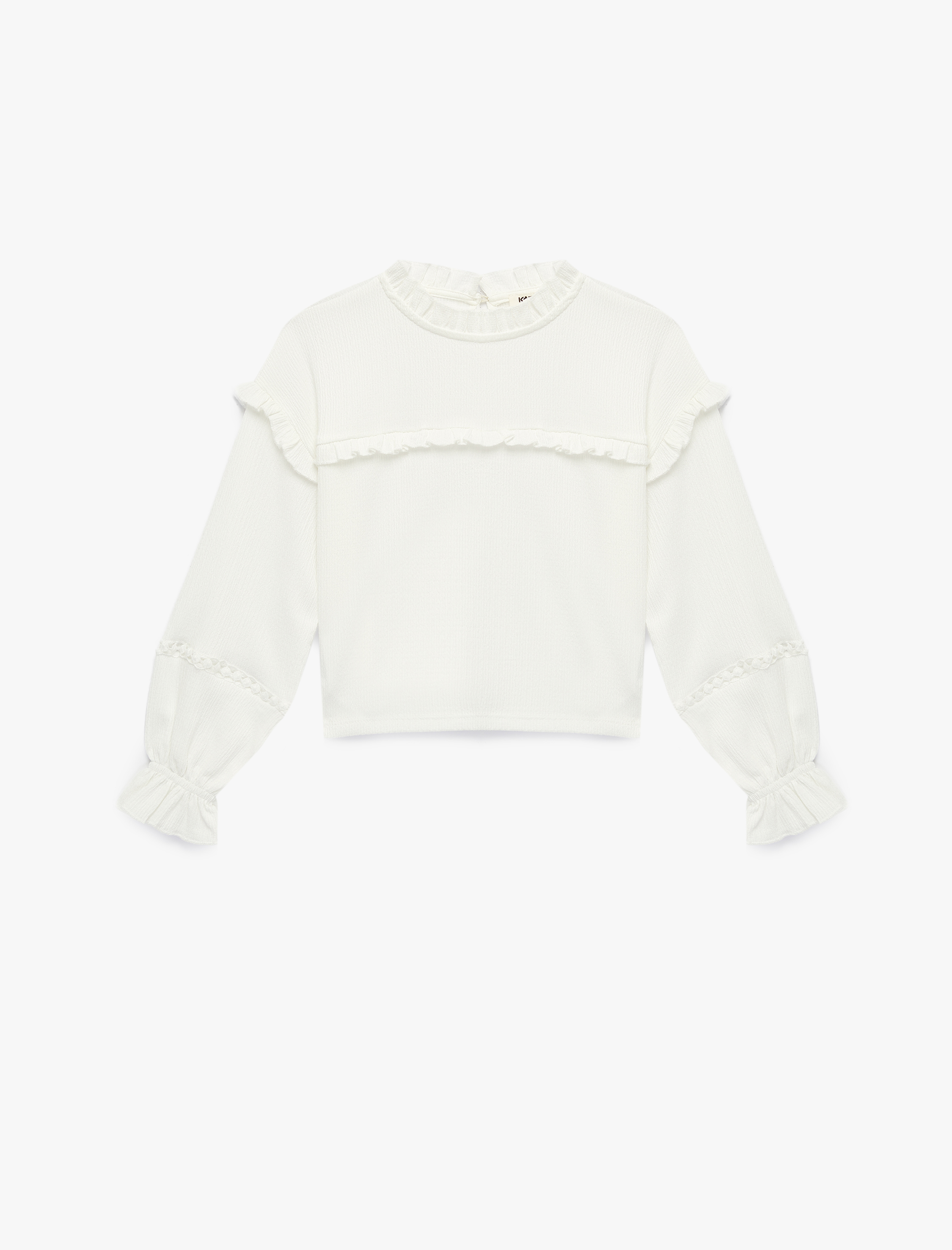  Kız Çocuk Fırfır Detaylı Uzun Kollu Bisiklet Yaka Bluz