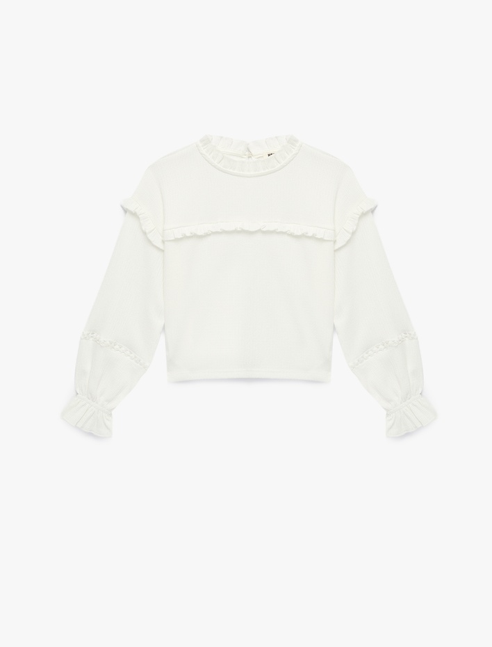 Kız Çocuk Fırfır Detaylı Uzun Kollu Bisiklet Yaka Bluz