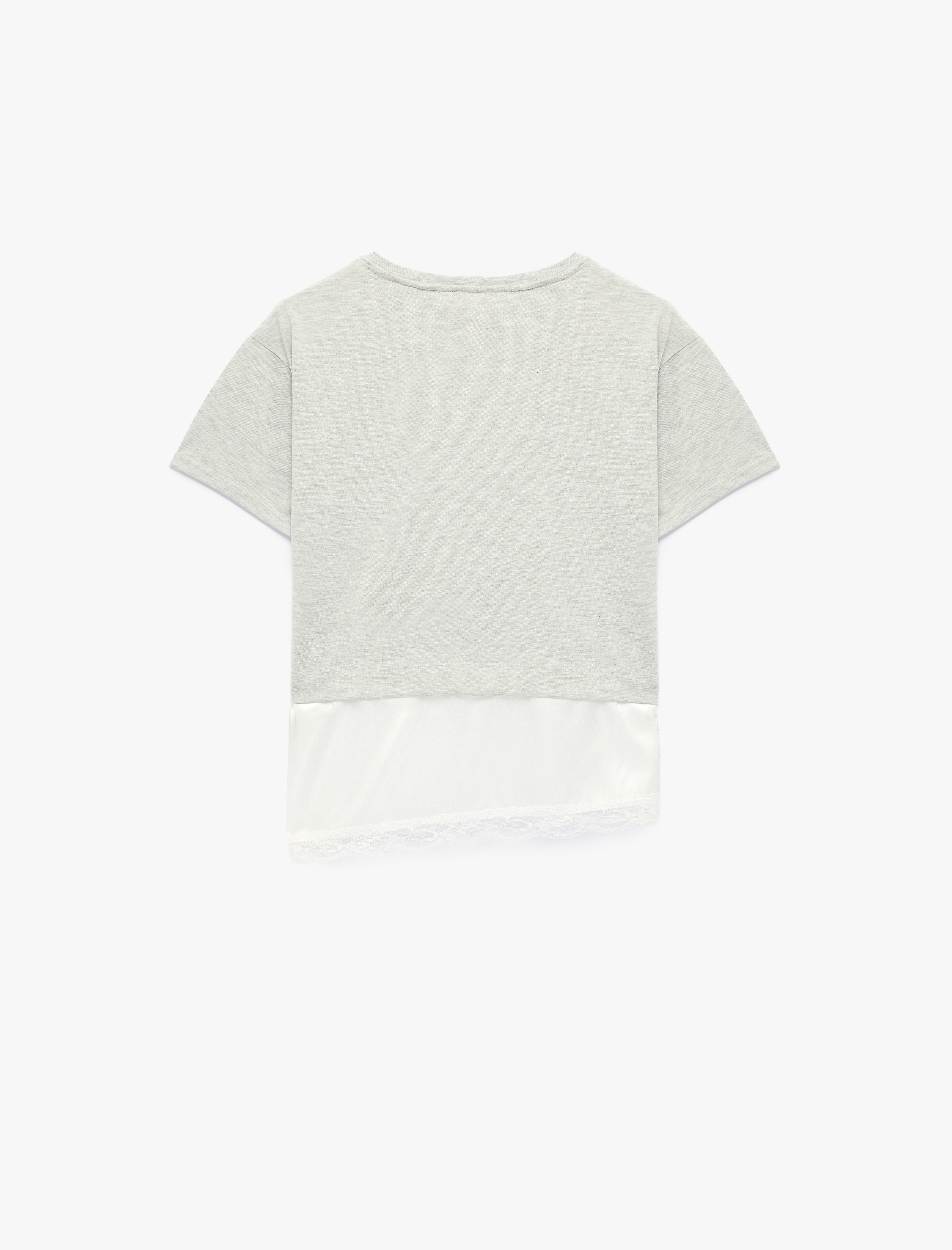  Kız Çocuk Dantel Detaylı Asimetrik Kesim Bisiklet Yaka Kısa Kollu Tişört