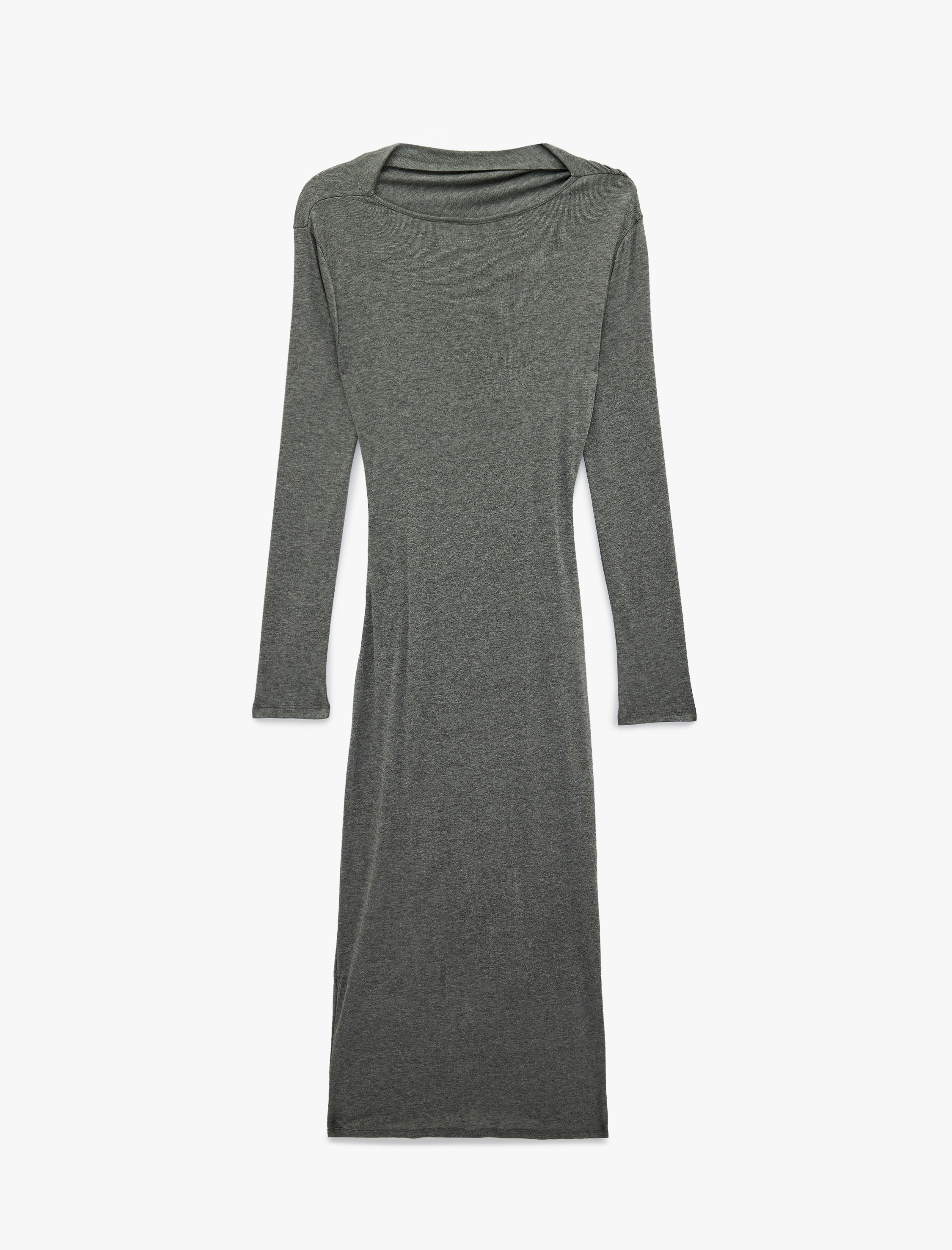   Slim Fit Uzun Kollu Yuvarlak Yaka Drapeli Kalem Midi Elbise