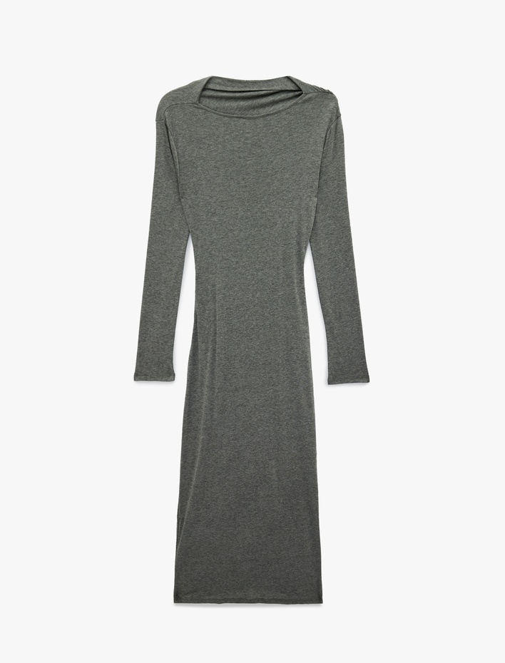  Slim Fit Uzun Kollu Yuvarlak Yaka Drapeli Kalem Midi Elbise