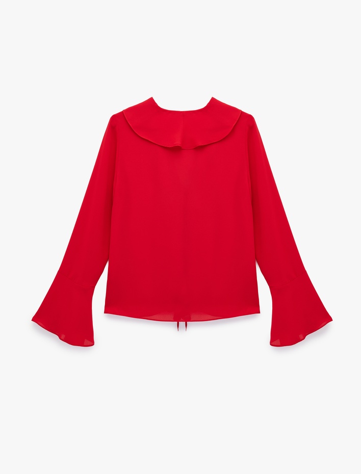  Uzun Kollu V Yaka Fırfır Detaylı Şifon Bluz