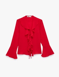 Uzun Kollu V Yaka Fırfır Detaylı Şifon Bluz