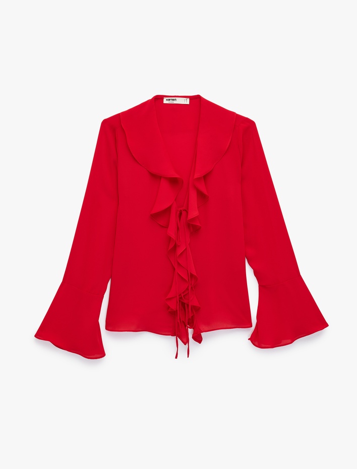  Uzun Kollu V Yaka Fırfır Detaylı Şifon Bluz