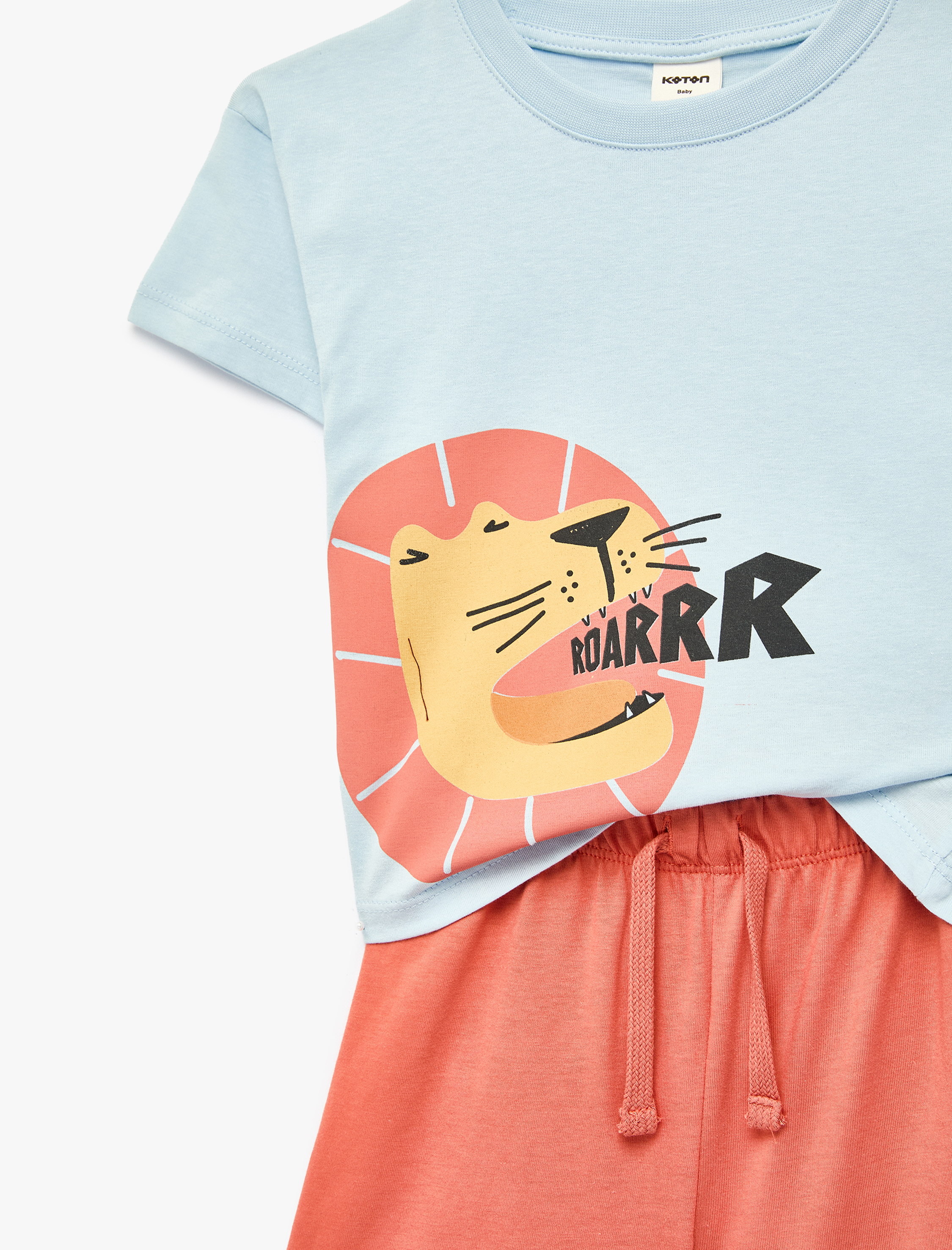  Erkek Bebek Aslan Baskılı Kısa Kollu Bisiklet Yaka Tişört ve Şort Seti - 2'li Takım