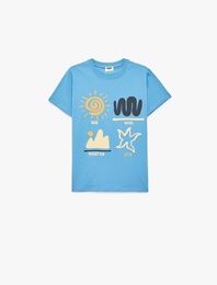 Baskılı Kısa Kollu Bisiklet Yaka Pamuklu Tişört