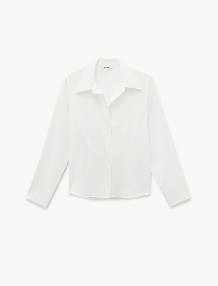  Regular Fit Düğmeli Uzun Kollu Kaçık Yaka Saten Gömlek