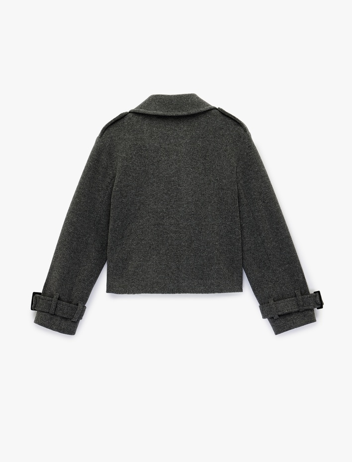  Cepli Düğmeli Uzun Kollu Kruvaze Kısa Kaşe Mont