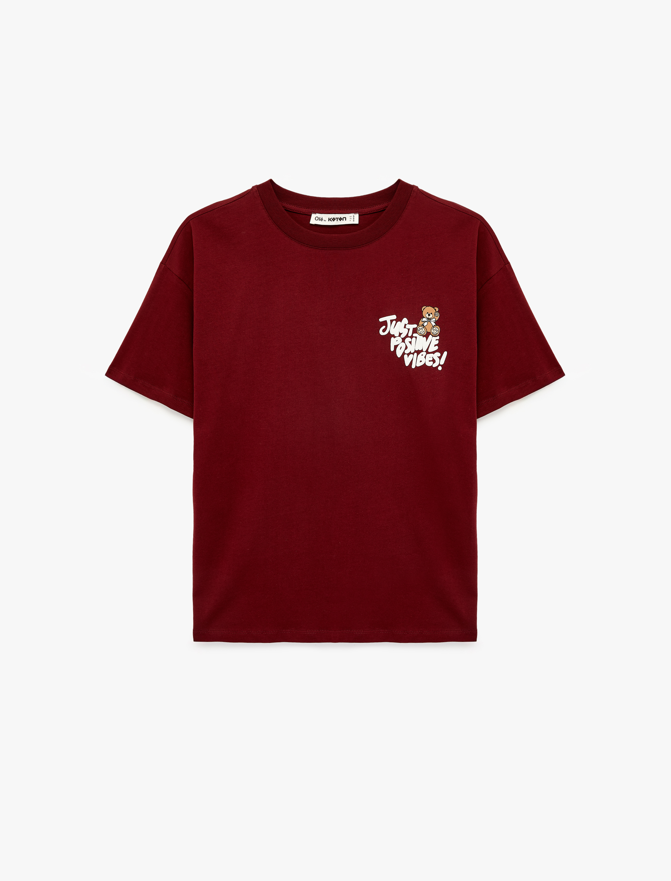   Rahat Kalıp Kısa Kollu Bisiklet Yaka Baskılı Pamuklu Ayıcıklı Tişört