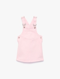 Cep Detaylı Kare Yaka Pamuklu Askılı Salopet Jean Elbise