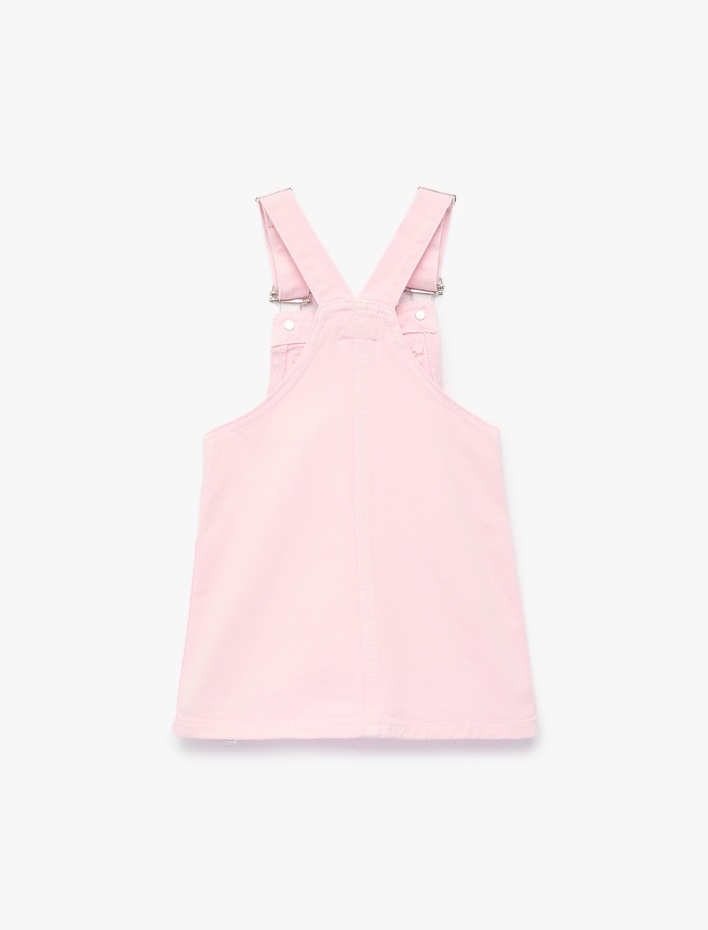 Kız Bebek Cep Detaylı Kare Yaka Pamuklu Askılı Salopet Jean Elbise