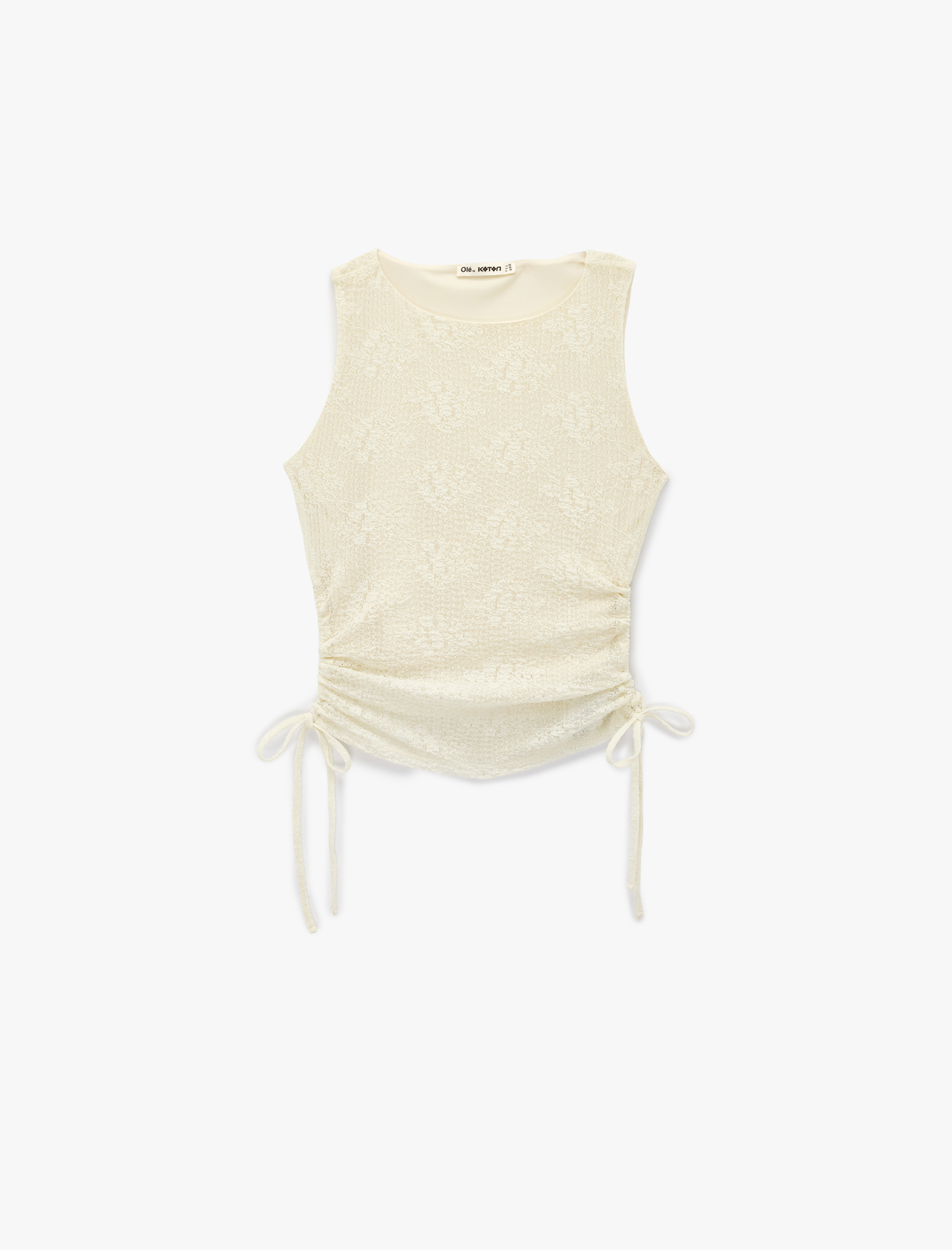   Slim Fit Büzgülü Kolsuz Kayık Yaka Dantel Bluz