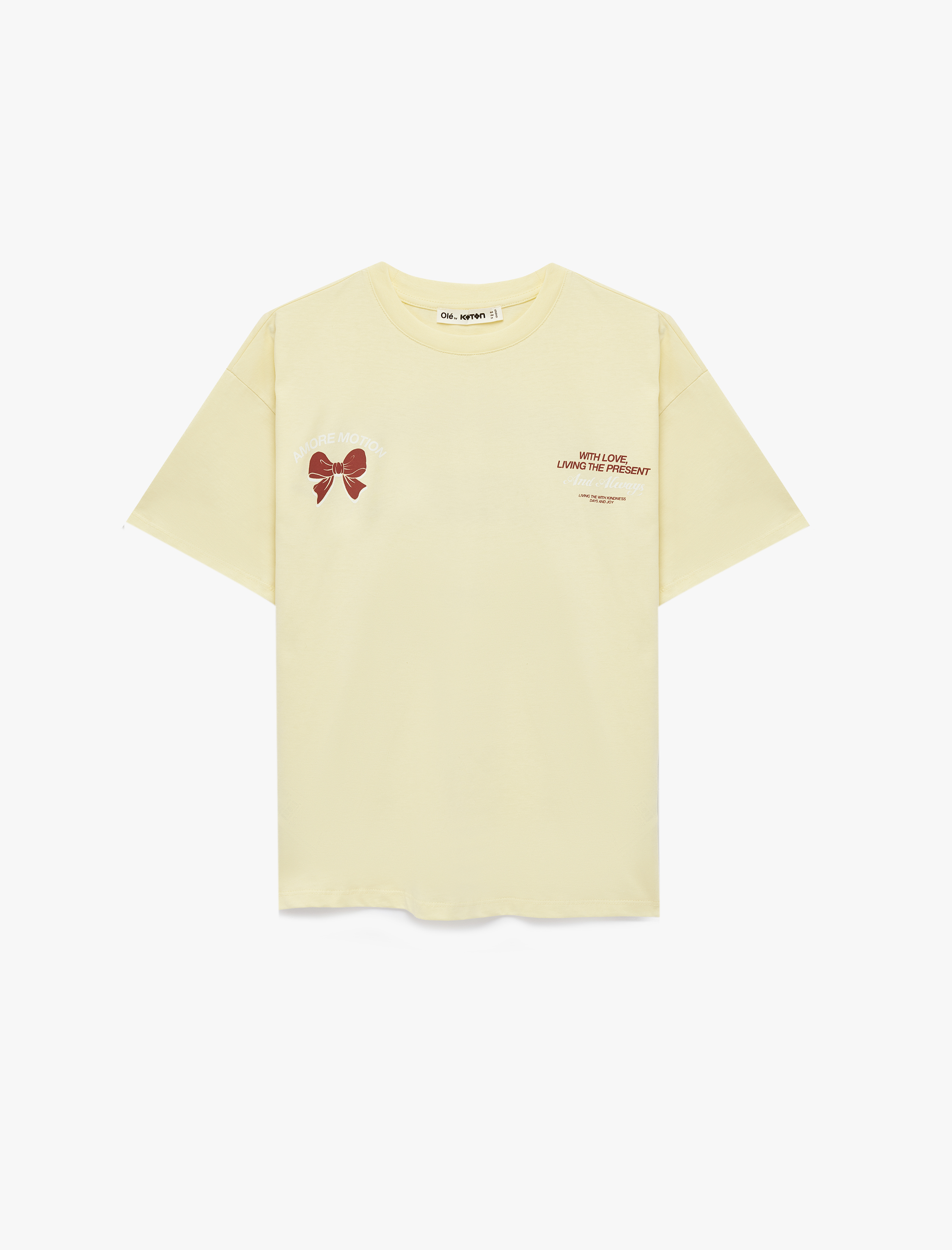   Kısa Kollu Bisiklet Yaka Fiyonklu Arkası Baskılı Oversize Tişört