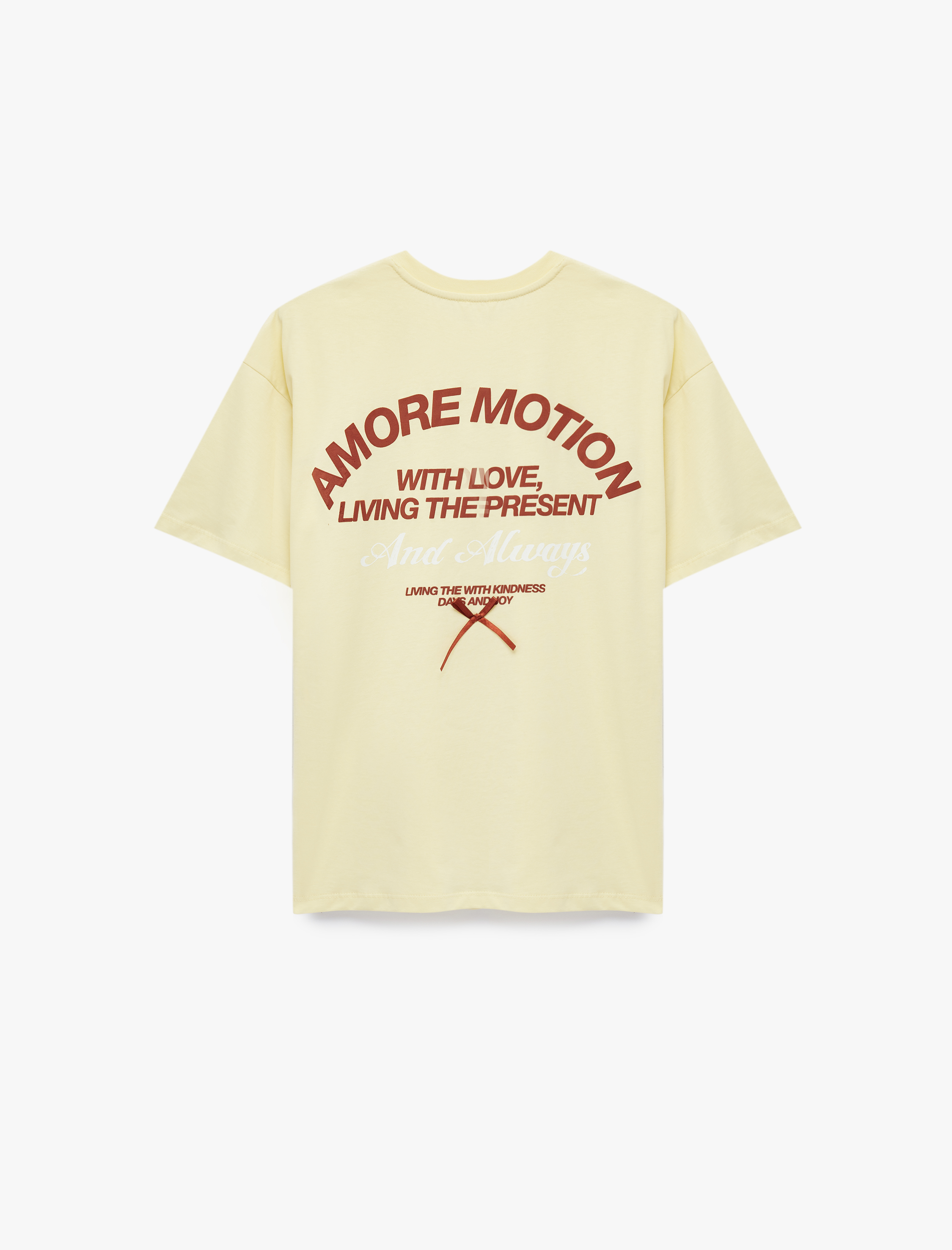   Kısa Kollu Bisiklet Yaka Fiyonklu Arkası Baskılı Oversize Tişört