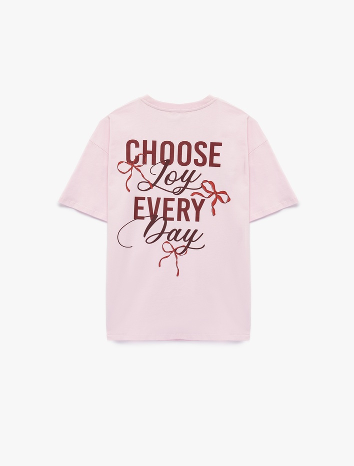  Kısa Kollu Bisiklet Yaka Fiyonklu Arkası Baskılı Oversize Tişört