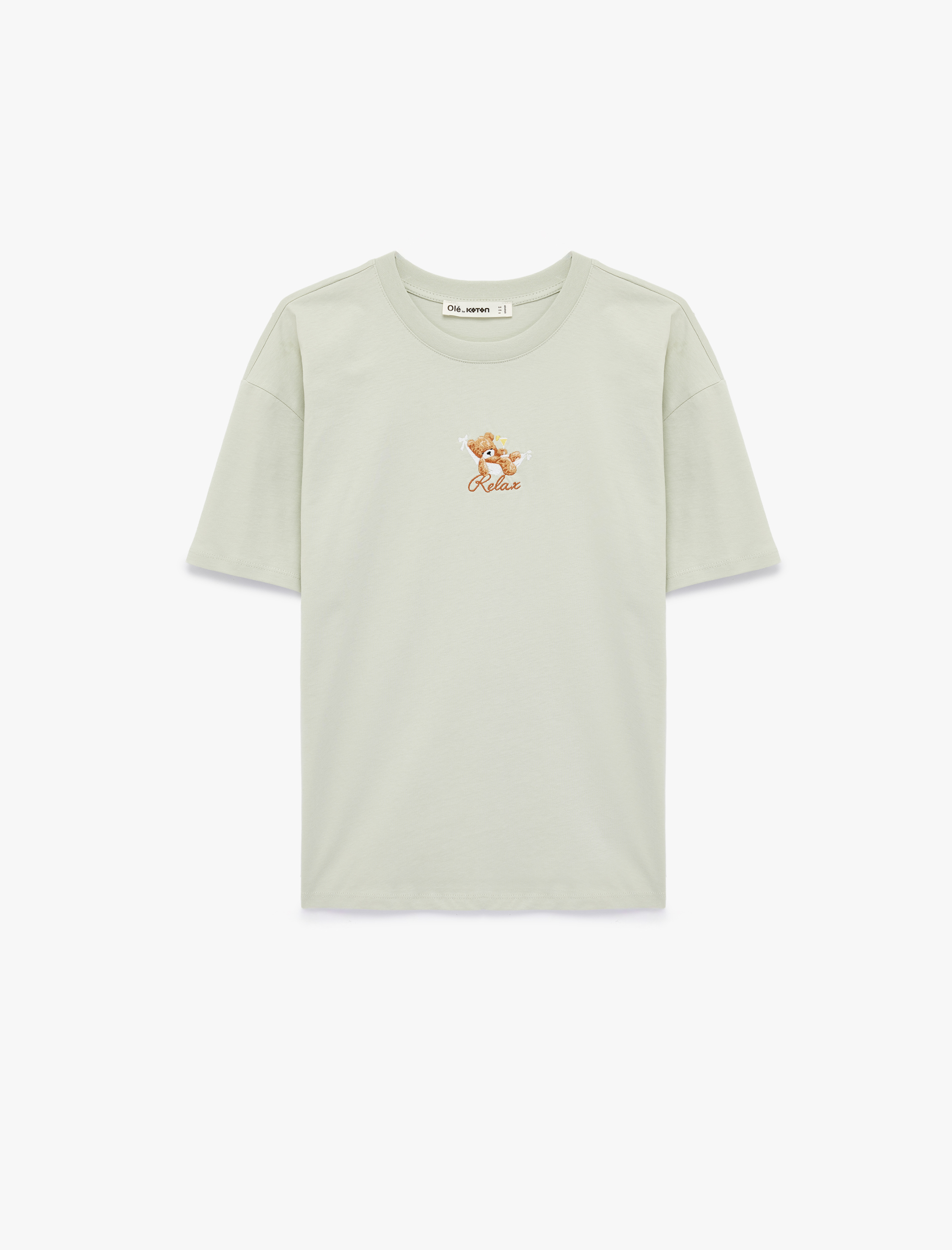   Rahat Kalıp Kısa Kollu Baskılı Pamuklu Bisiklet Yaka Ayıcıklı Tişört