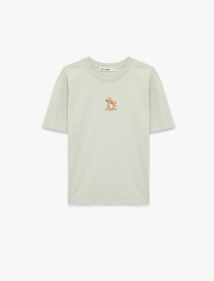  Rahat Kalıp Kısa Kollu Baskılı Pamuklu Bisiklet Yaka Ayıcıklı Tişört