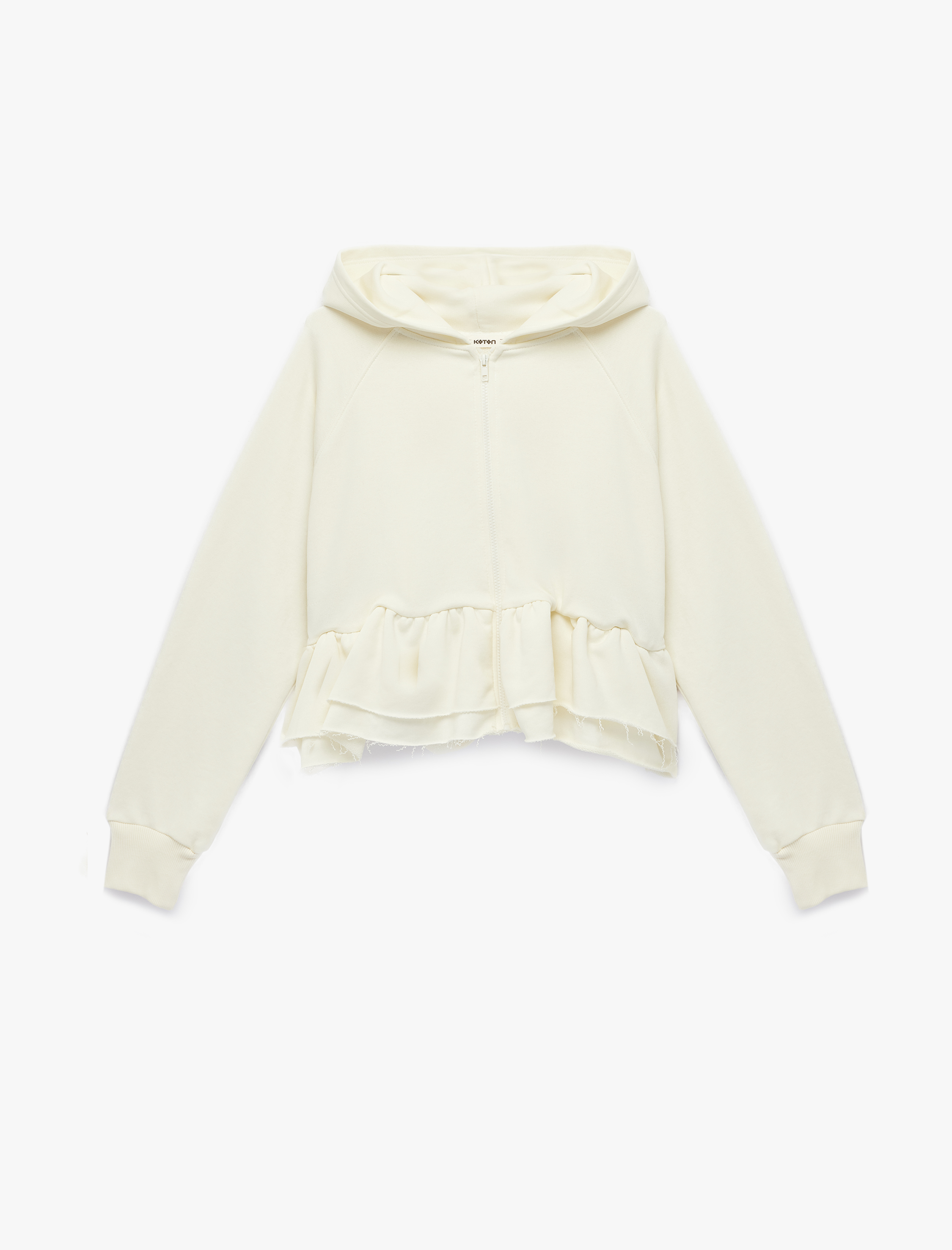   Pamuklu Uzun Kollu Kapüşonlu Volanlı Fermuarlı Sweatshirt