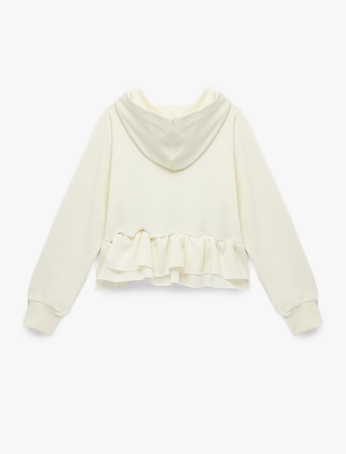  Pamuklu Uzun Kollu Kapüşonlu Volanlı Fermuarlı Sweatshirt