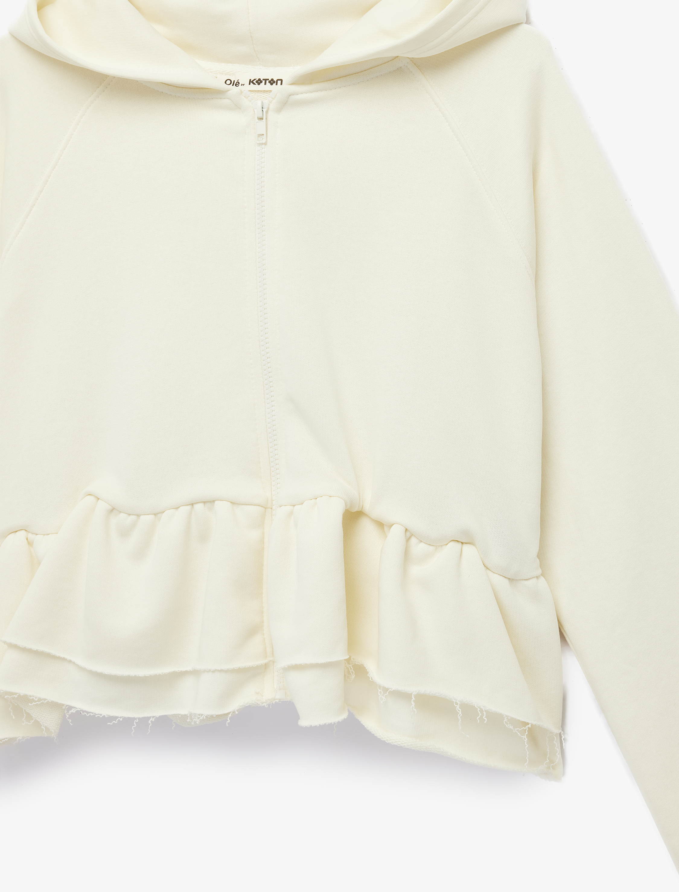   Pamuklu Uzun Kollu Kapüşonlu Volanlı Fermuarlı Sweatshirt